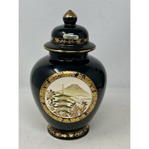 The Art of Chokin Black Porcelain Ginger Jar 24K Gold Trim Japanese Scene 8.5”
